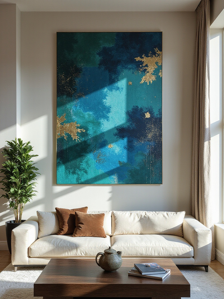 Luxurious living room featuring a large, bold abstract canvas with blue, green, and gold colors.