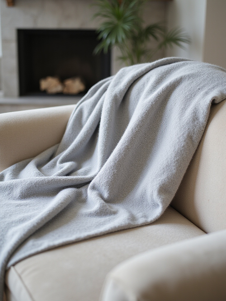 Luxurious cashmere throw blanket draped on a velvet sofa in a modern living room.