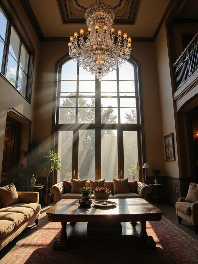Luxurious living room featuring a large crystal chandelier