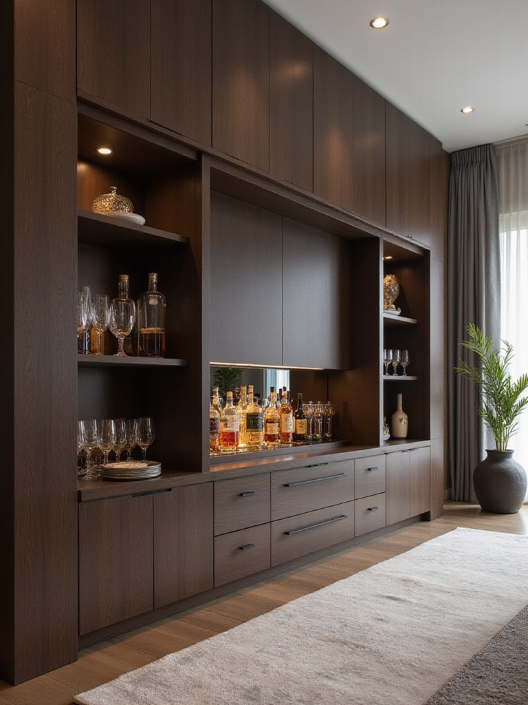 Luxury living room with a custom entertainment unit featuring a hidden bar.