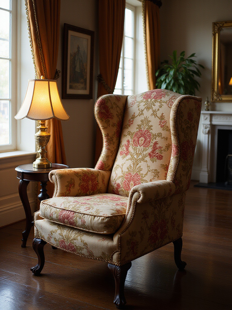 Luxurious living room featuring an embroidered wingback armchair