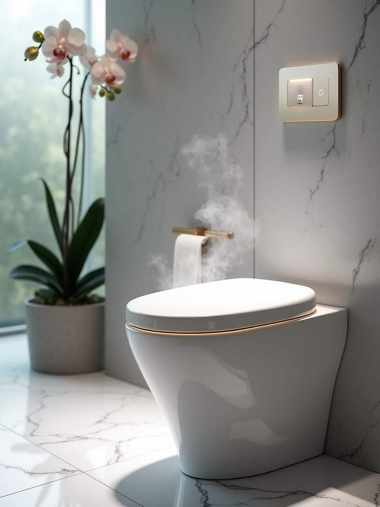Luxury bathroom featuring a modern smart toilet with integrated bidet and heated seat.