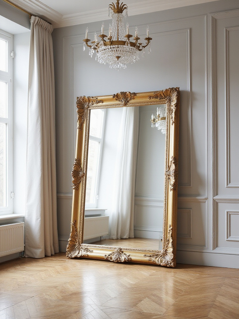 Oversized gold framed floor mirror in a luxurious living room reflecting a chandelier.