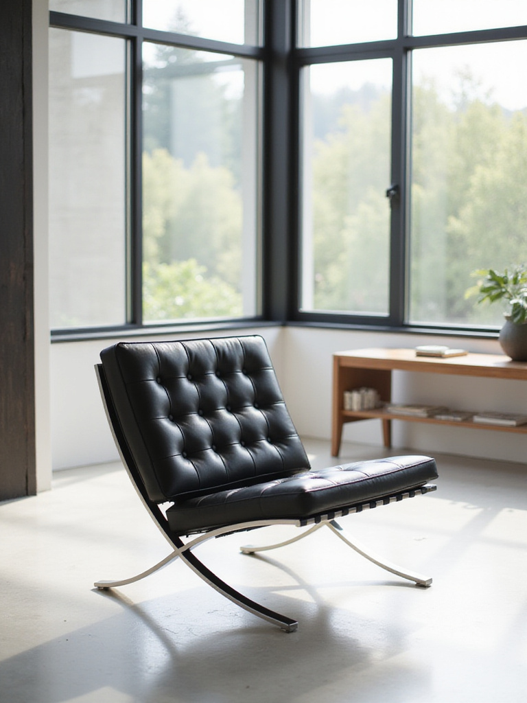 Black leather Barcelona chair in a minimalist living room