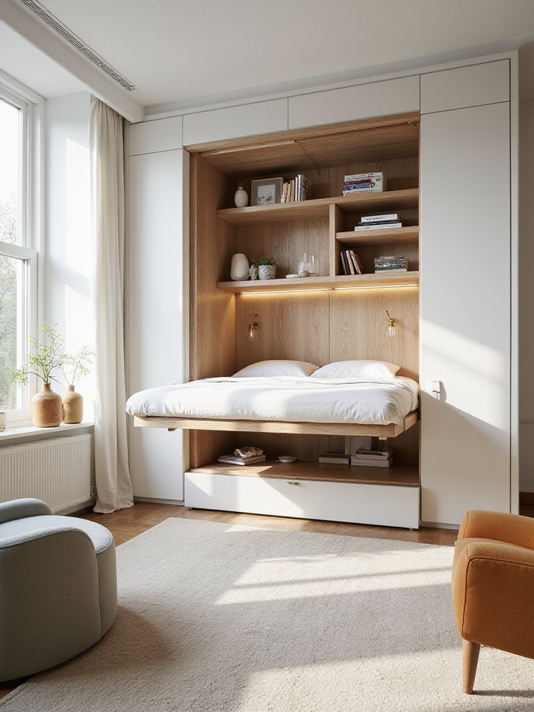 Small bedroom with Murphy bed folded up, revealing shelving unit and creating open space.