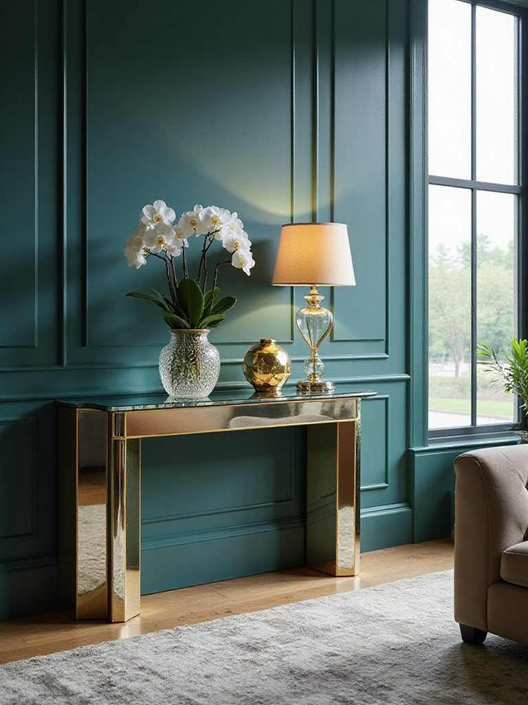 Art Deco mirrored console table in a luxurious living room