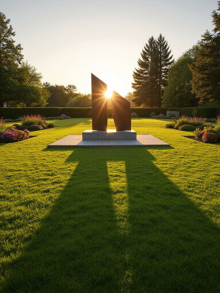 Stunning lawn garden featuring a modern metal sculpture as a focal point, bathed in golden sunset light.