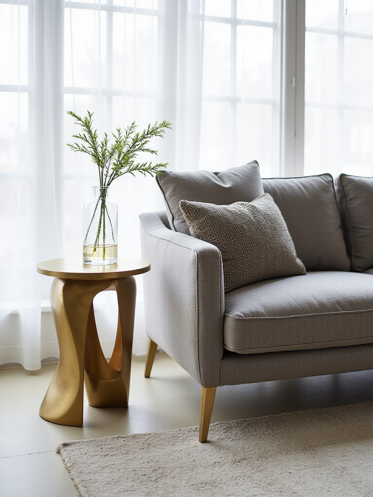 Modern living room with grey sofa and sculptural brass side table