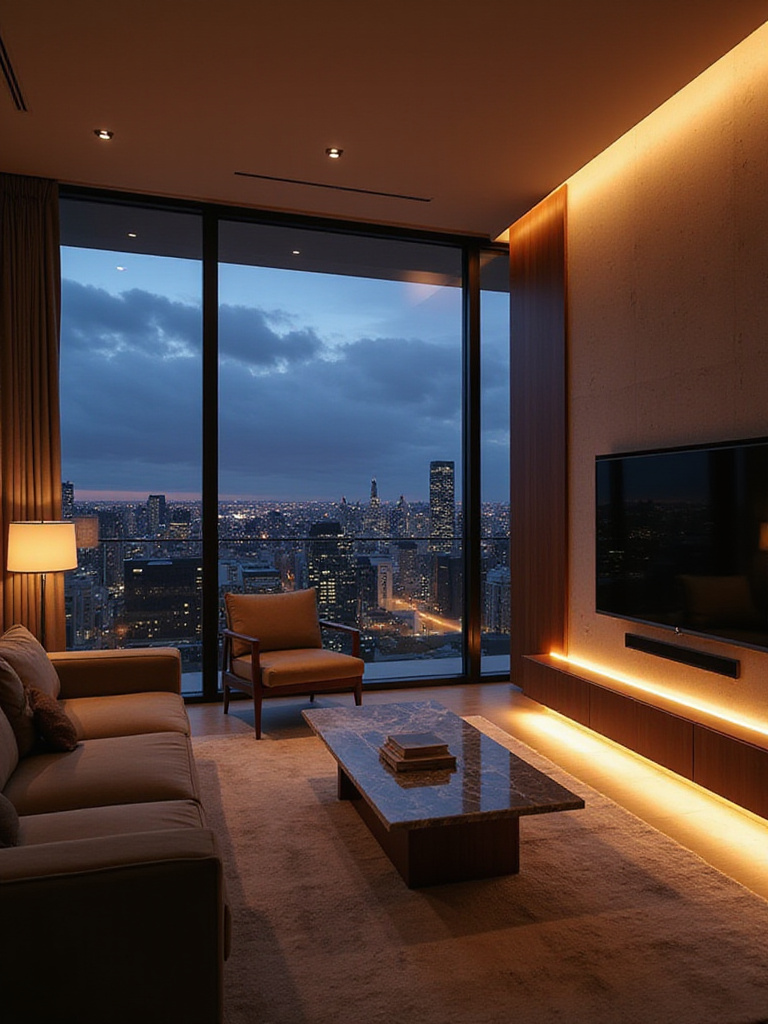 Luxurious living room featuring smart ambiance lighting with soft amber tones and a view of the city skyline.