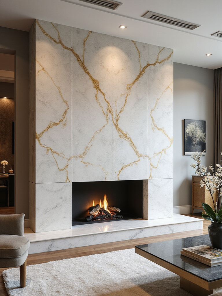Luxurious living room with statement Calacatta Gold marble fireplace mantel