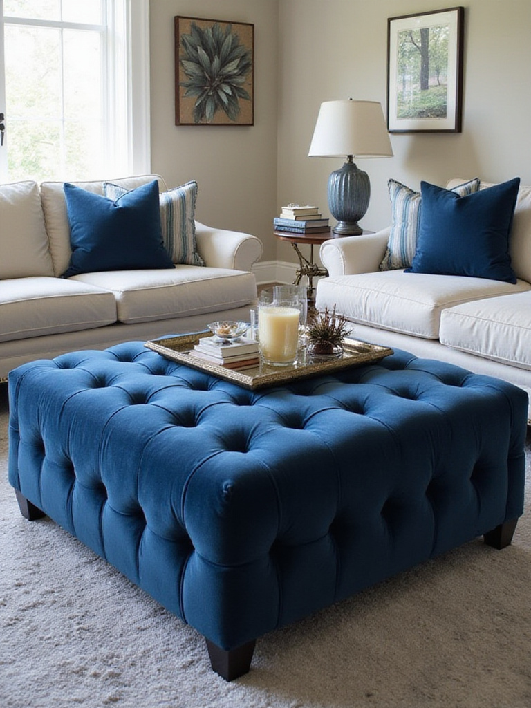 Luxury living room featuring a blue velvet tufted ottoman coffee table.