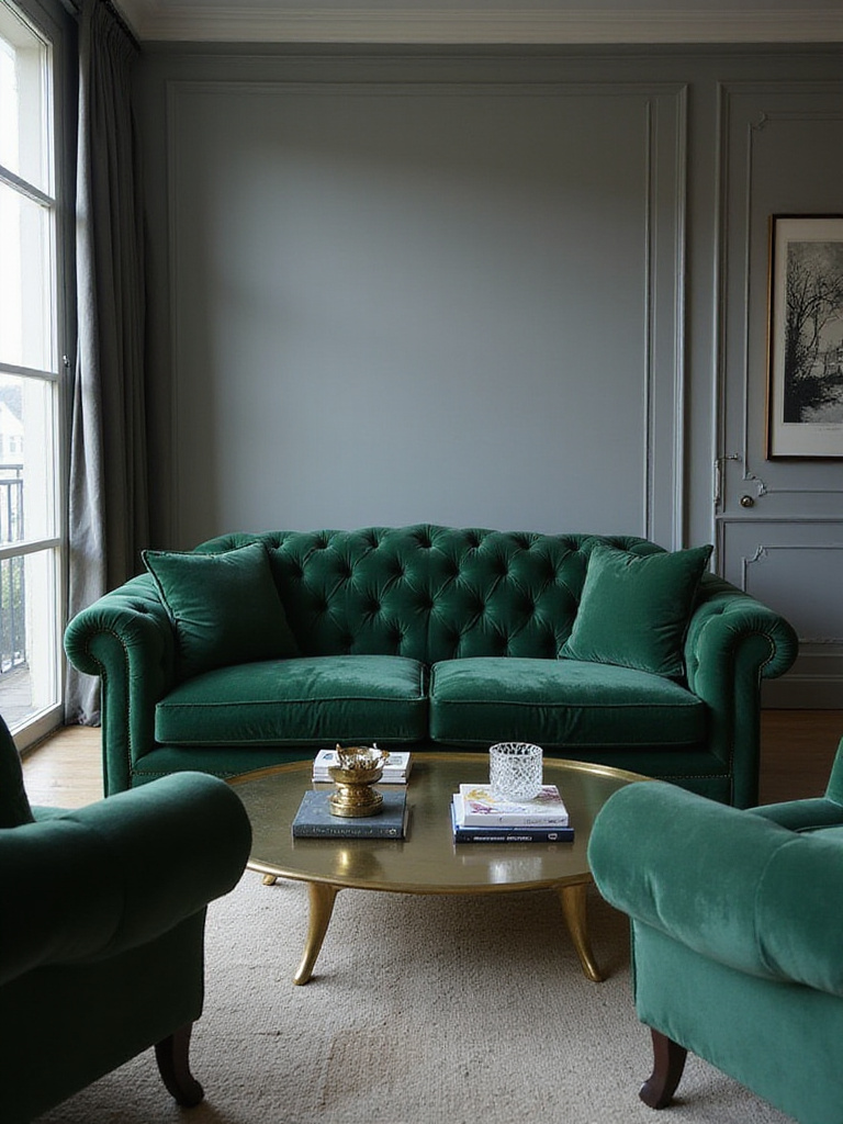 Emerald Green Velvet Chesterfield Sofa in Luxurious Living Room