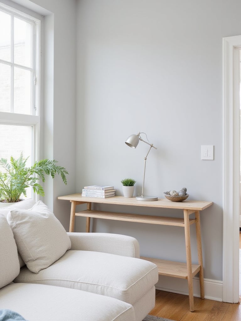 Living room with sofa and console table behind, styled with lamp, books, and plant.