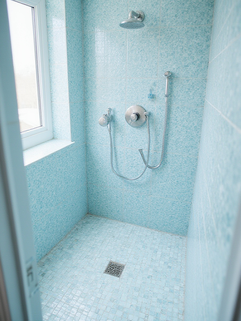 Small bathroom shower tiled with light blue glass mosaic tiles