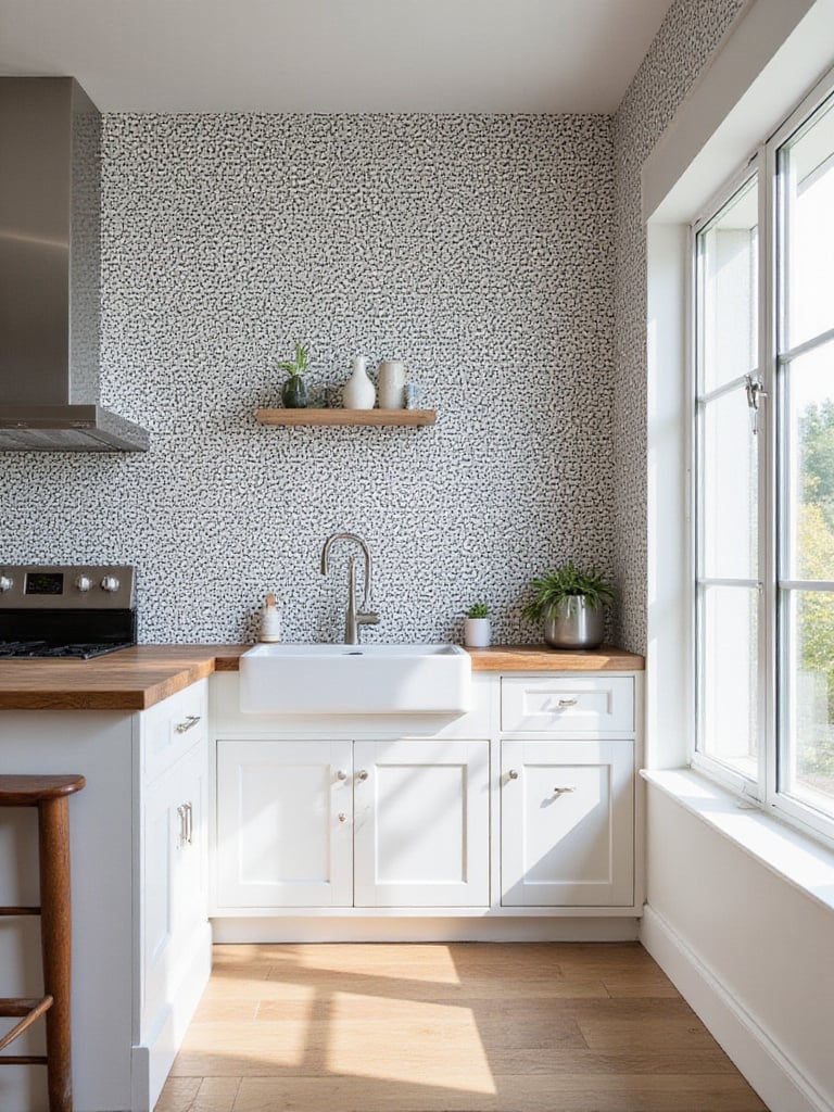 Modern kitchen with black and white geometric wallpaper accent wall.