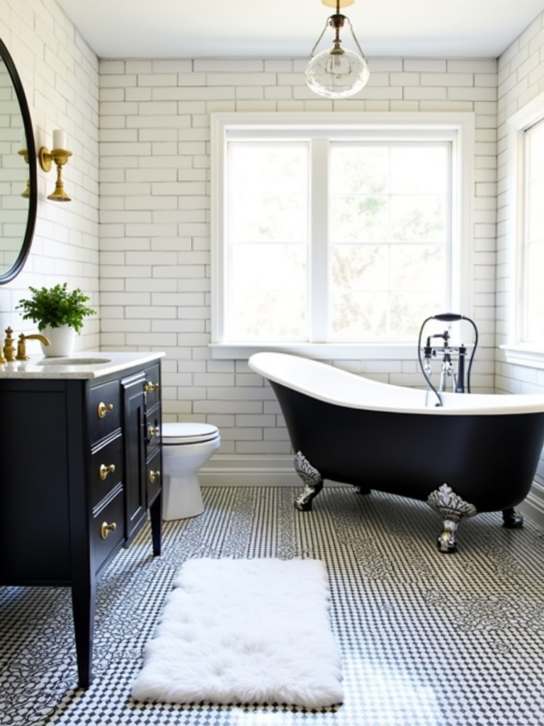 Vintage bathroom remodel with black and white tile floor, black clawfoot tub, and white subway tile walls.