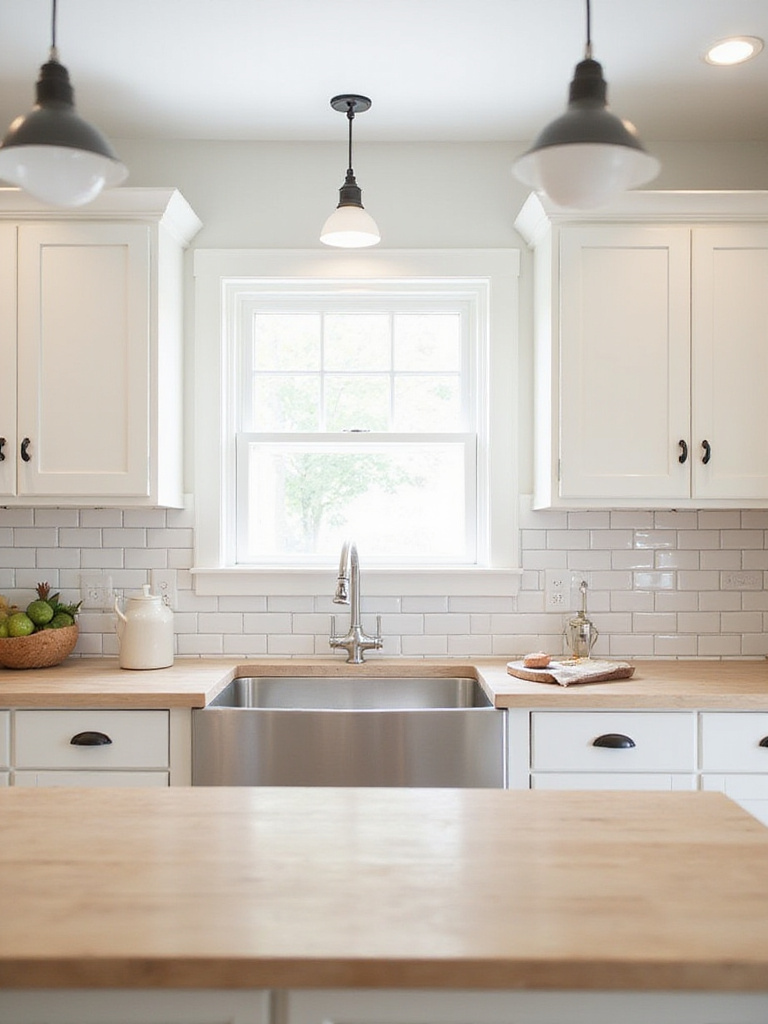 Farmhouse kitchen with white subway tile backsplash and butcher block countertops.