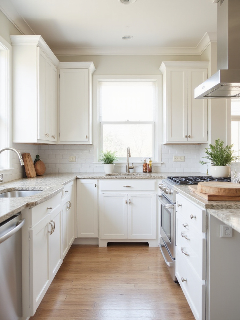 Classic white Shaker kitchen cabinets with granite countertops and stainless steel appliances.