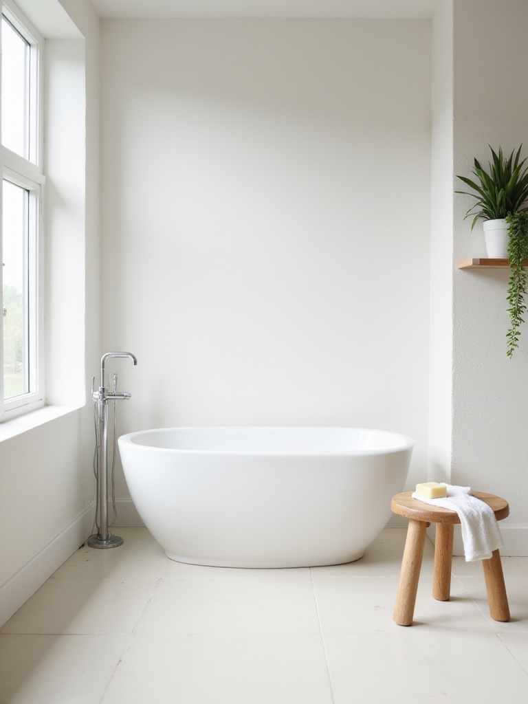 Bright and airy white bathroom with freestanding bathtub