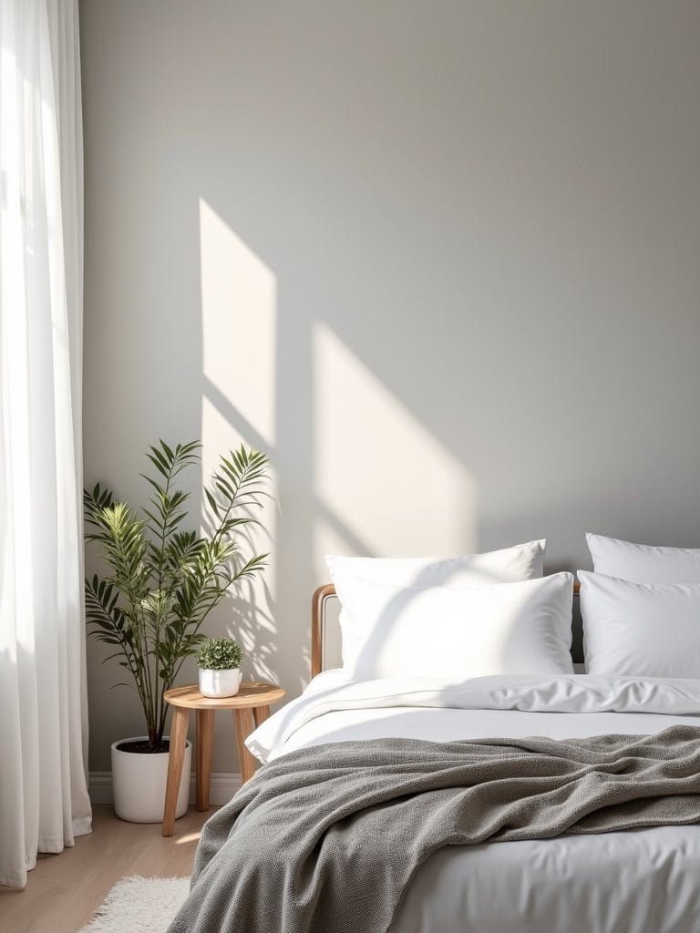 Modern bedroom featuring light gray tone-on-tone linen textured wallpaper.