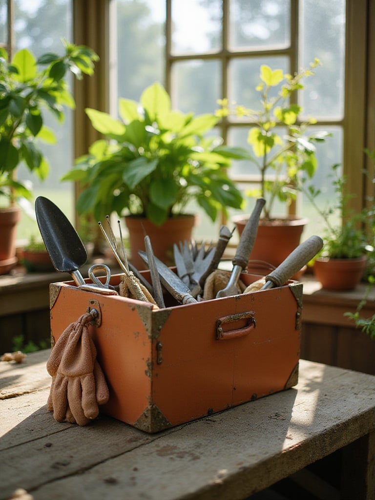Gardening toolbox filled with essential tools for container gardening.