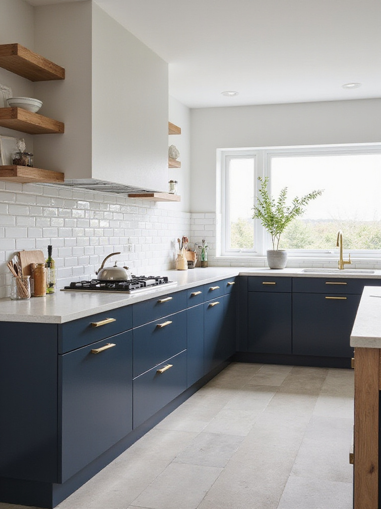 Modern kitchen with two-toned navy and greige cabinets, brushed brass hardware, and natural wood island.