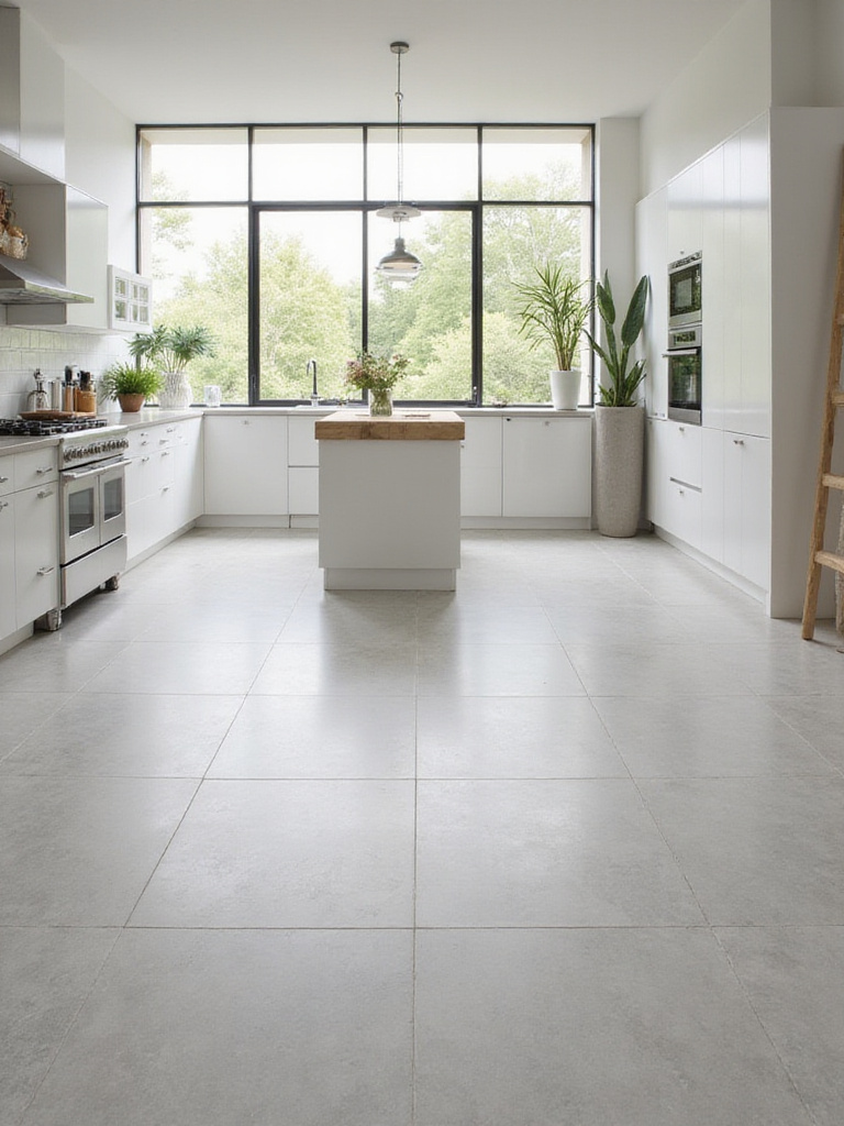Modern kitchen with large-format gray porcelain tile flooring