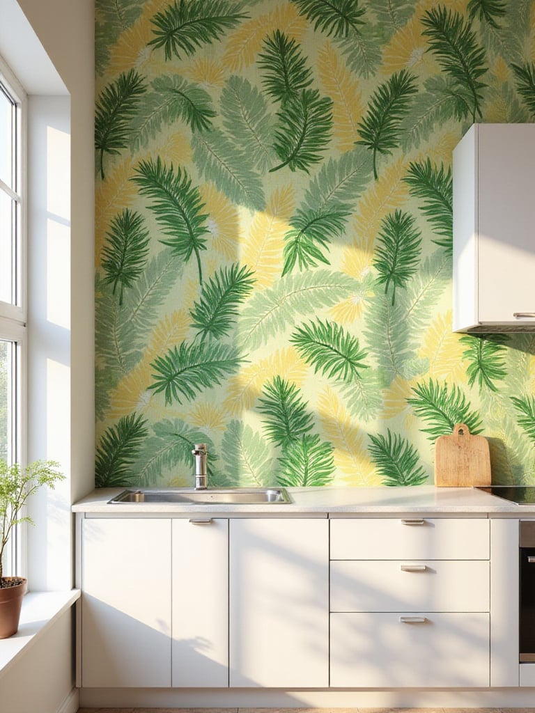 Kitchen with white cabinets and tropical banana leaf wallpaper accent wall.