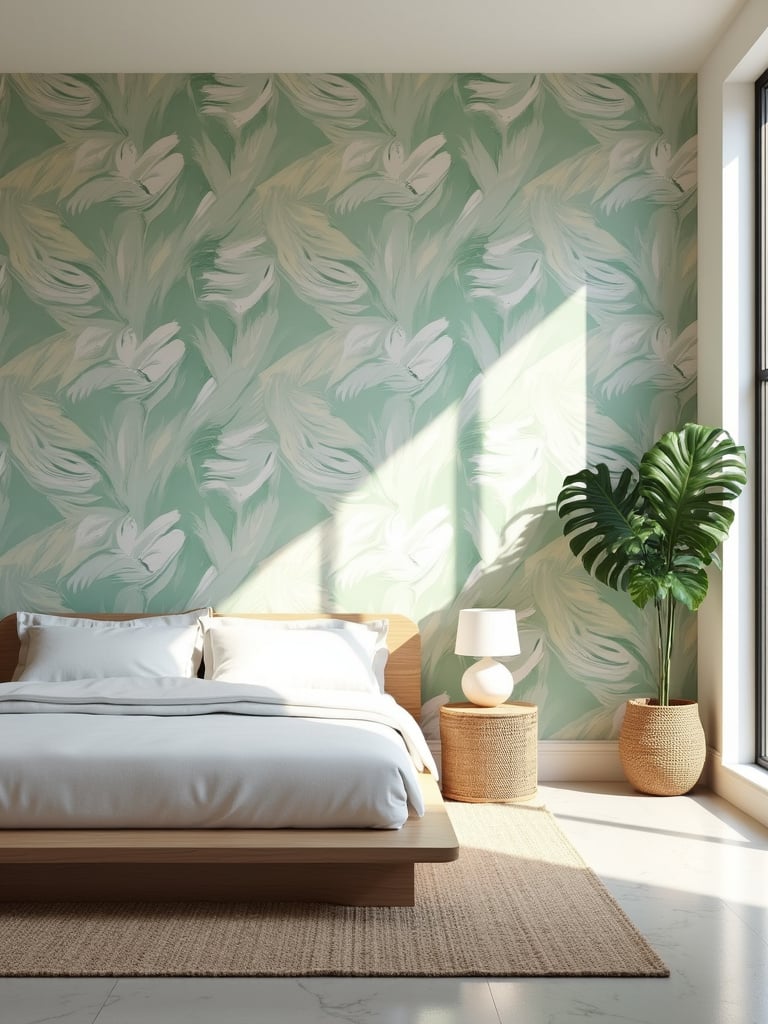 Modern bedroom with teal and cream palm leaf wallpaper accent wall