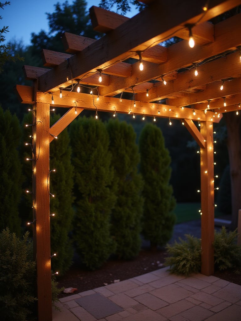 Backyard patio with pergola illuminated by string lights at dusk