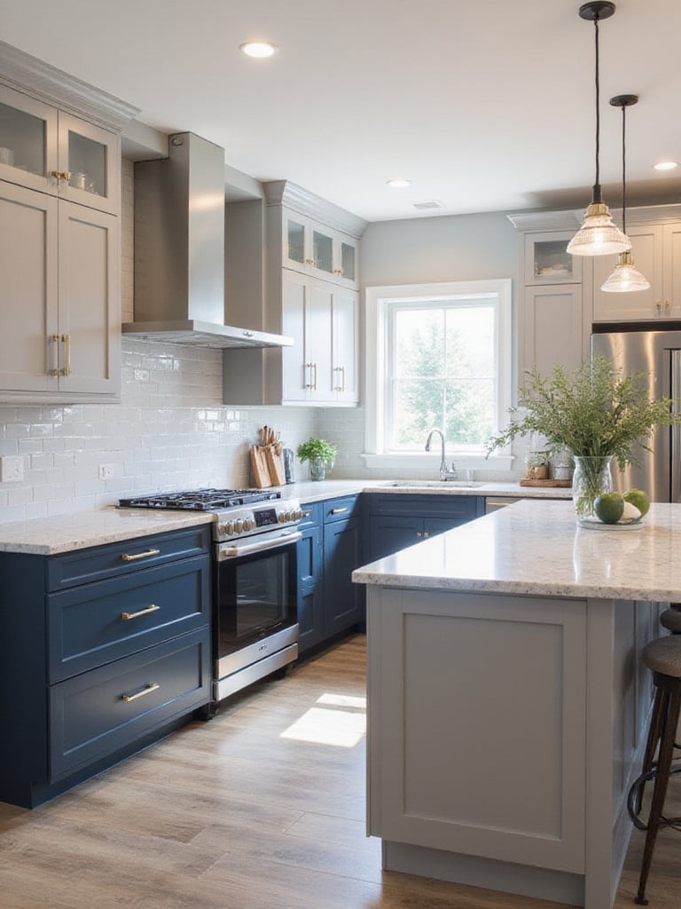 Modern kitchen with two-tone cabinetry featuring navy blue lower cabinets and light grey upper cabinets.