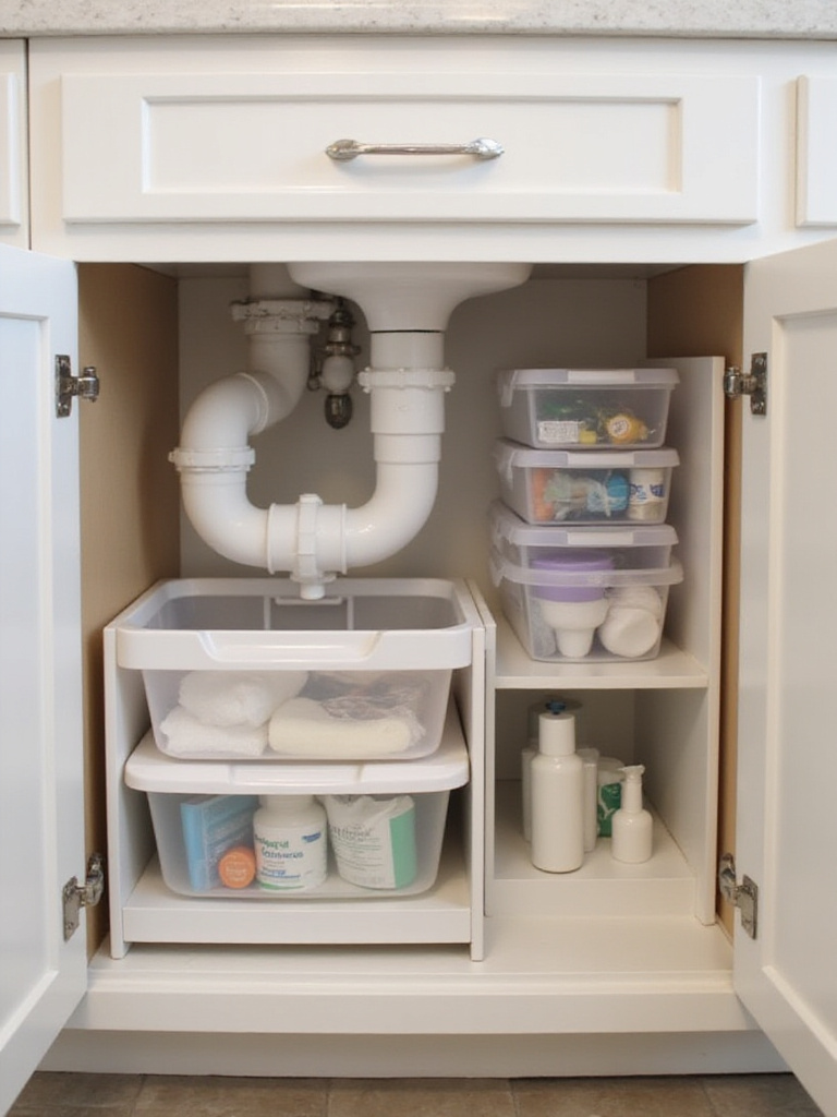 Organized under sink bathroom storage with pull-out drawer, bins, and door organizer.