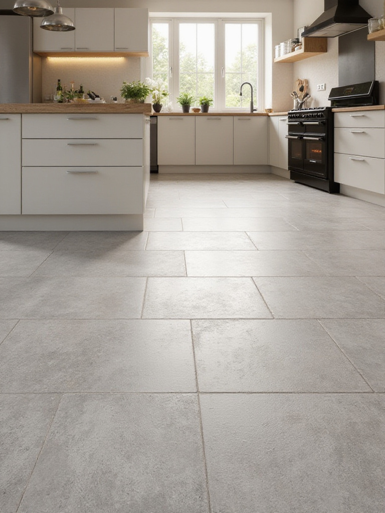Modern kitchen with light gray porcelain floor tiles and radiant underfloor heating.