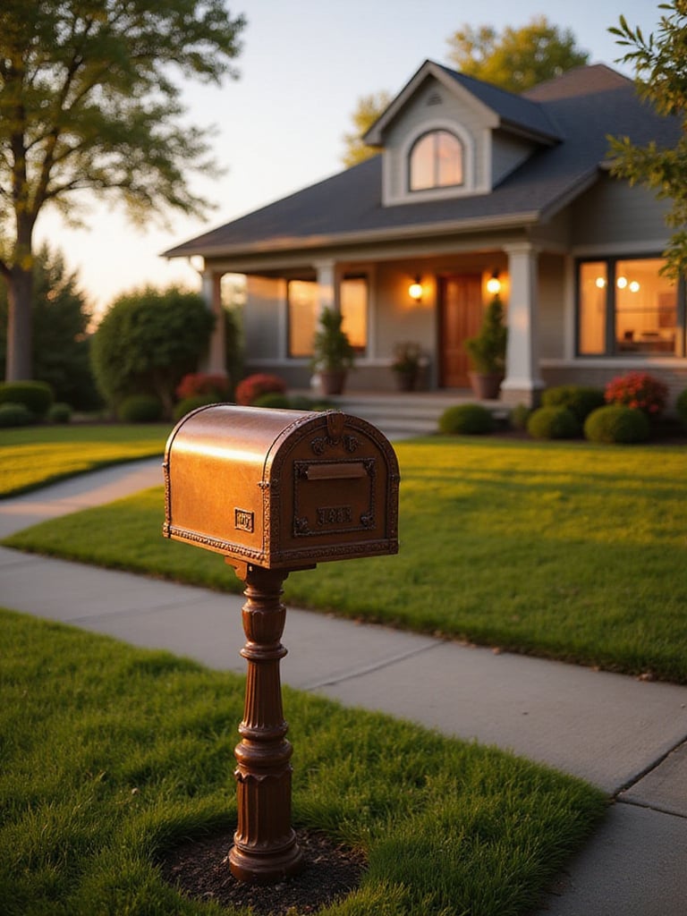Unique copper mailbox enhances curb appeal of craftsman-style home.
