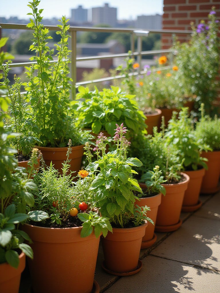 Thriving container garden filled with herbs, flowers, and vegetables on a sunny balcony.