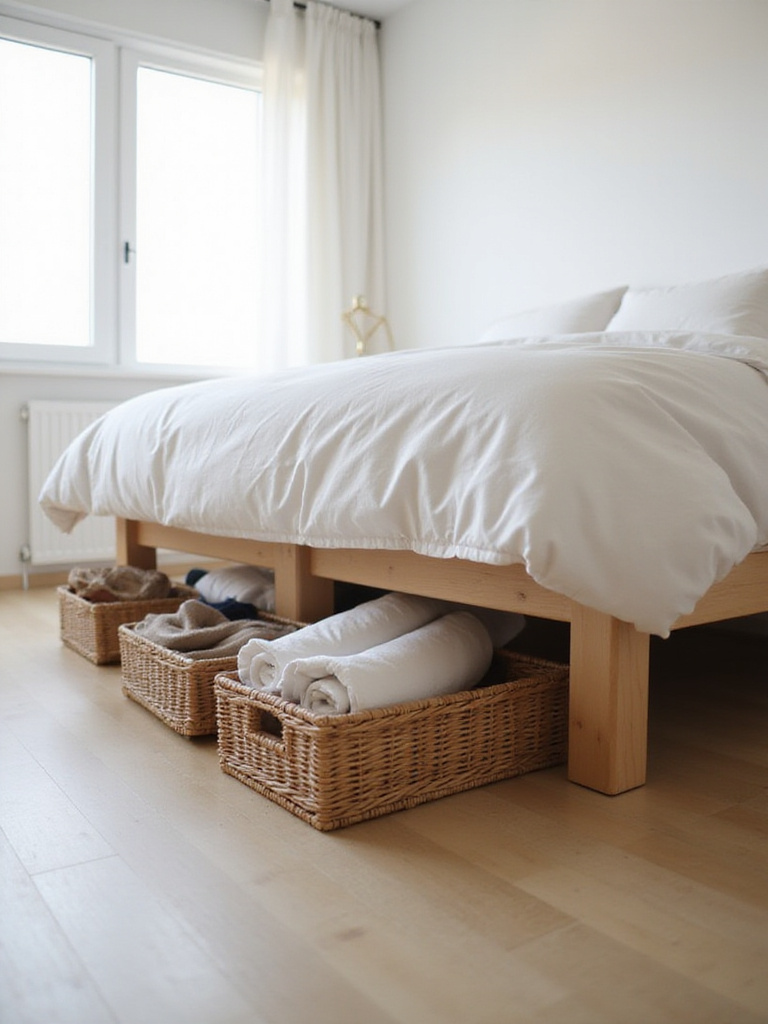 Modern bedroom with wicker storage baskets under elevated bed