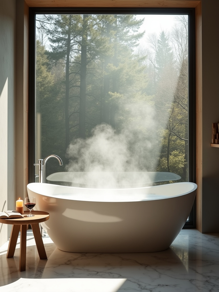 Luxury bathroom with freestanding soaking tub overlooking forest view