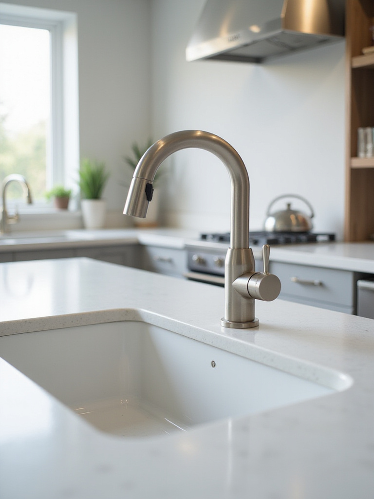 Modern brushed nickel kitchen faucet on a clean countertop