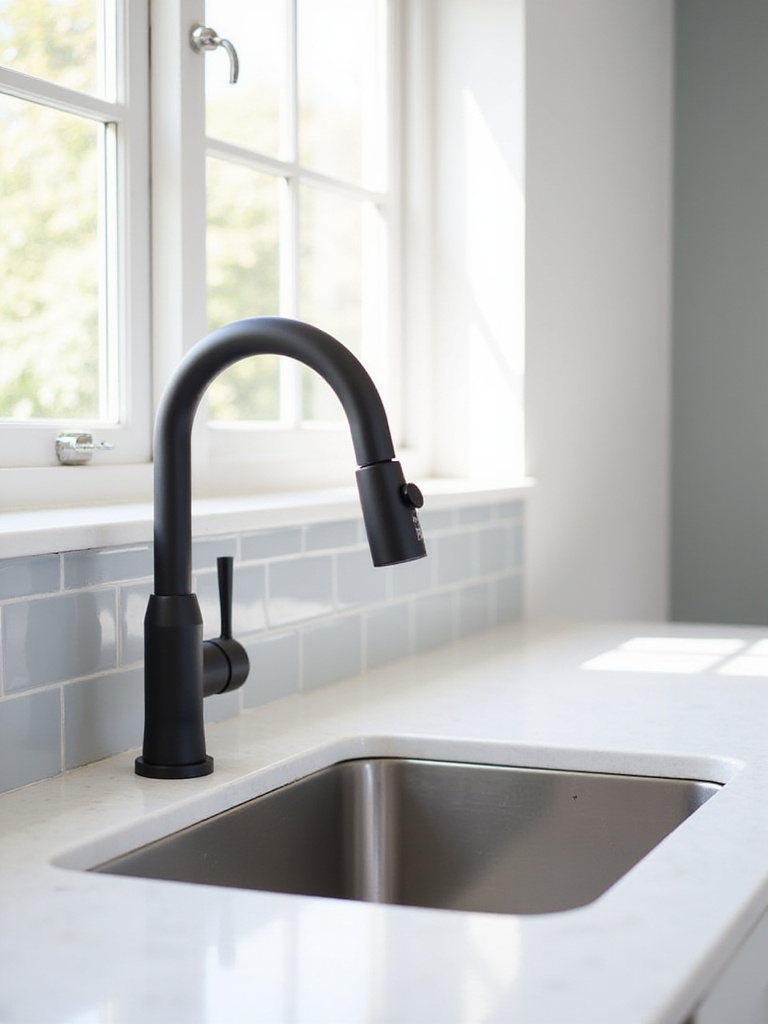 Modern kitchen sink with matte black faucet and white quartz countertop