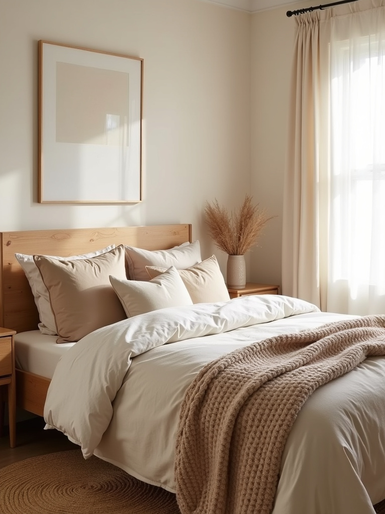 Beige bedroom with layered textures and different shades of beige for visual interest.