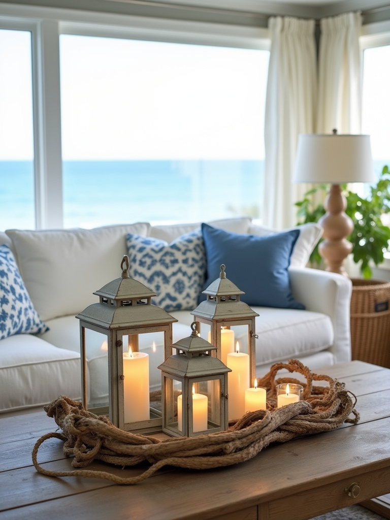 Coastal living room with nautical lanterns and flickering candles creating a warm and inviting glow.