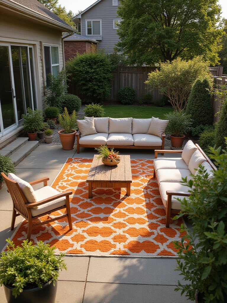 Stylish backyard patio with colorful geometric outdoor rug anchoring a comfortable seating area.