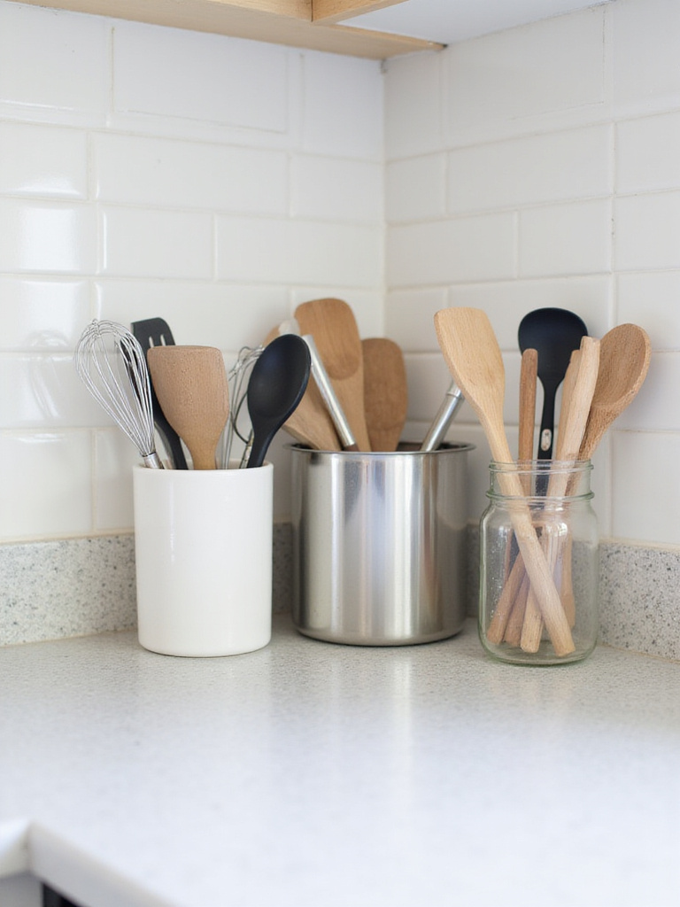 Kitchen countertop with neatly organized cooking utensils in various holders and jars.