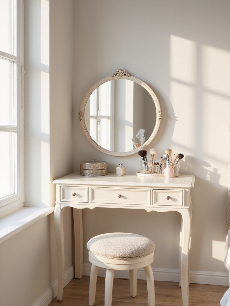 Glamorous bedroom vanity table with makeup and accessories.