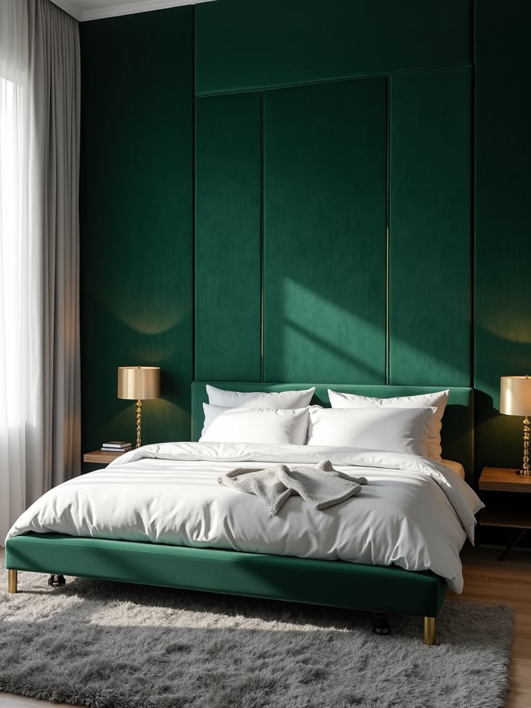 Emerald green velvet-effect wallpaper in a modern bedroom