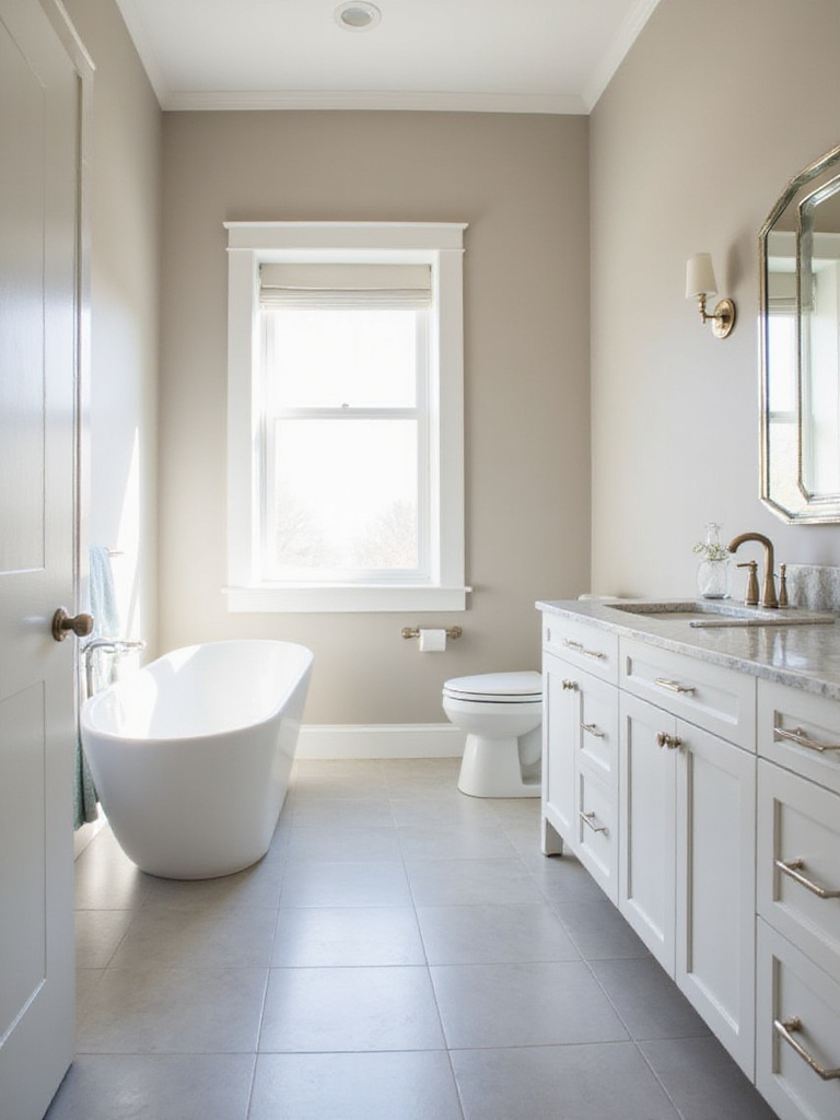 Light greige bathroom with white vanity and marble countertop.