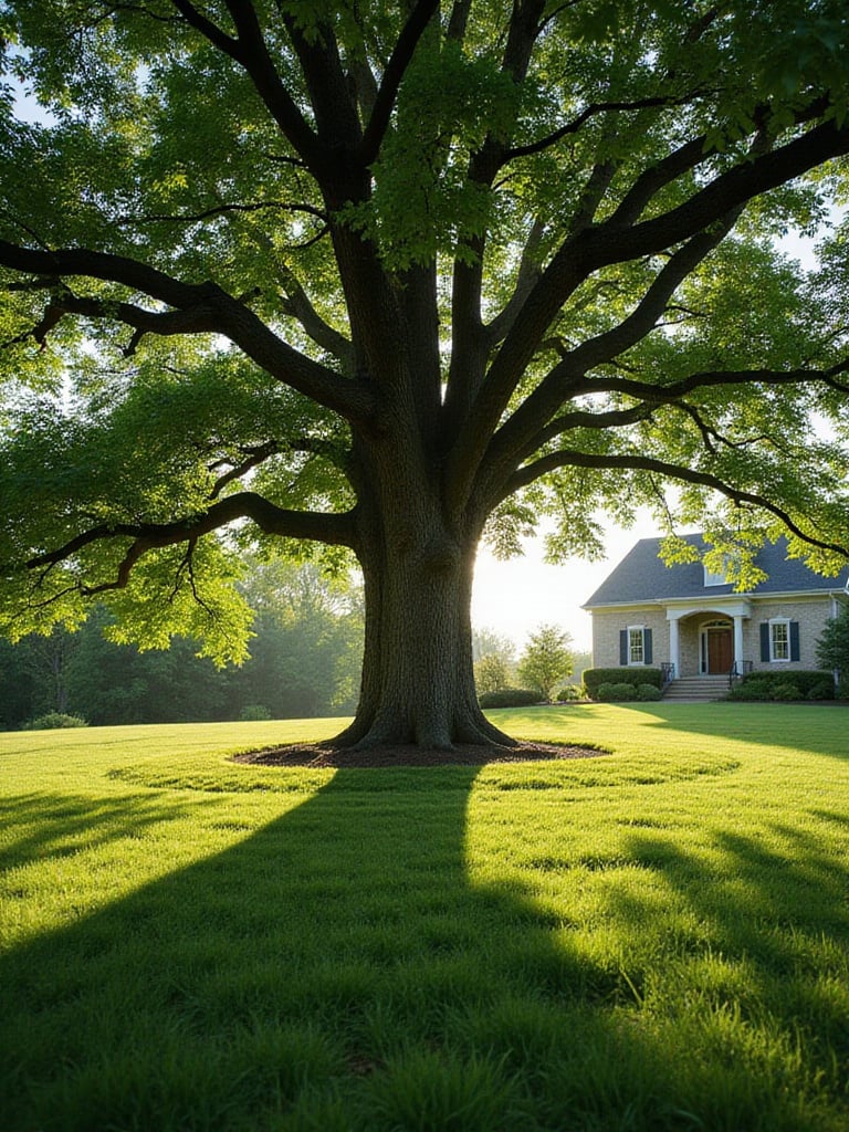 Mature oak tree casting shade on a green lawn