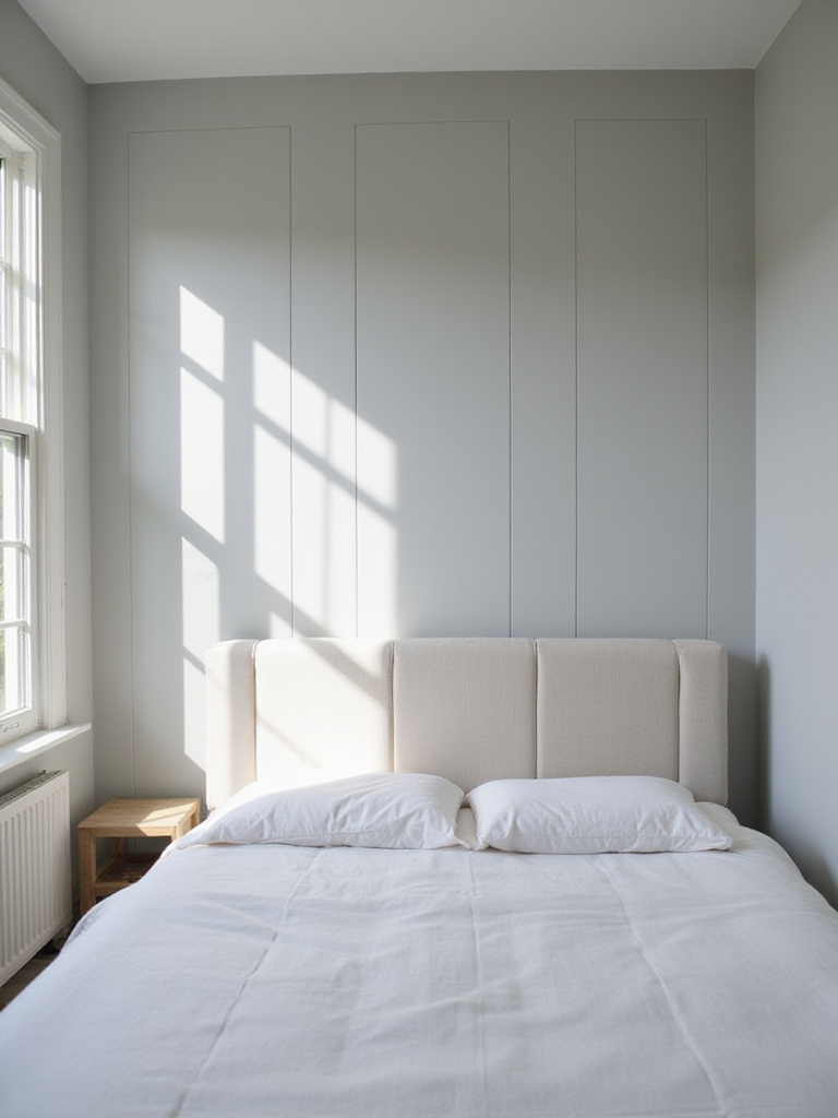 Small bedroom with vertically striped wall creating illusion of height.