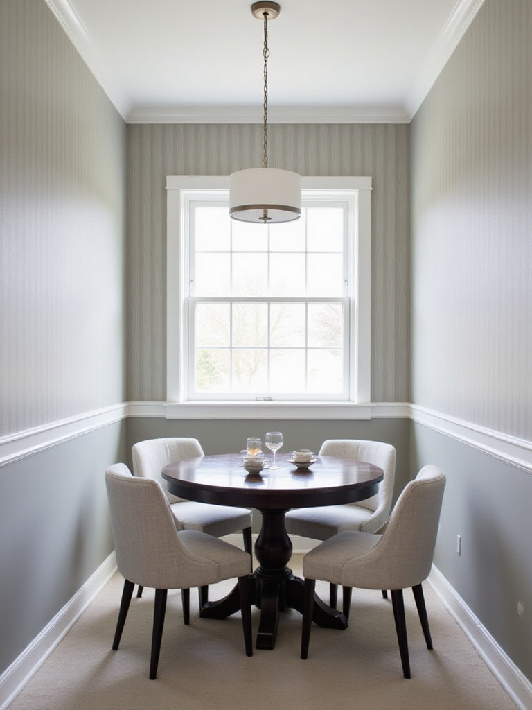 Small dining room with vertical striped walls creating the illusion of height.