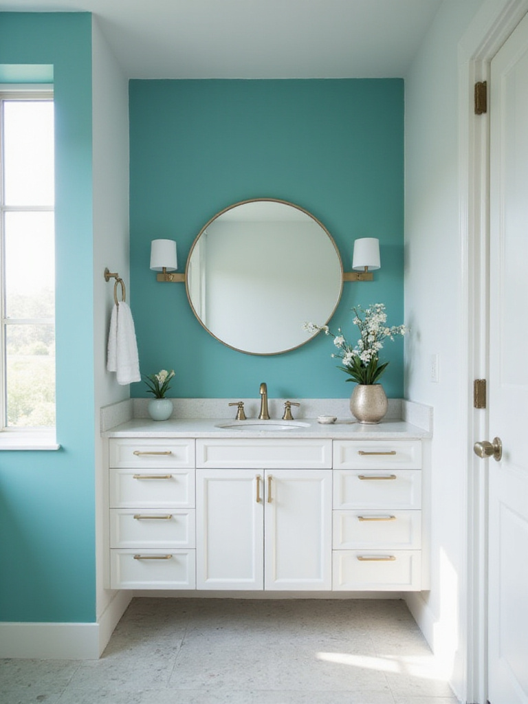 Modern bathroom with vibrant teal accent wall and white vanity.